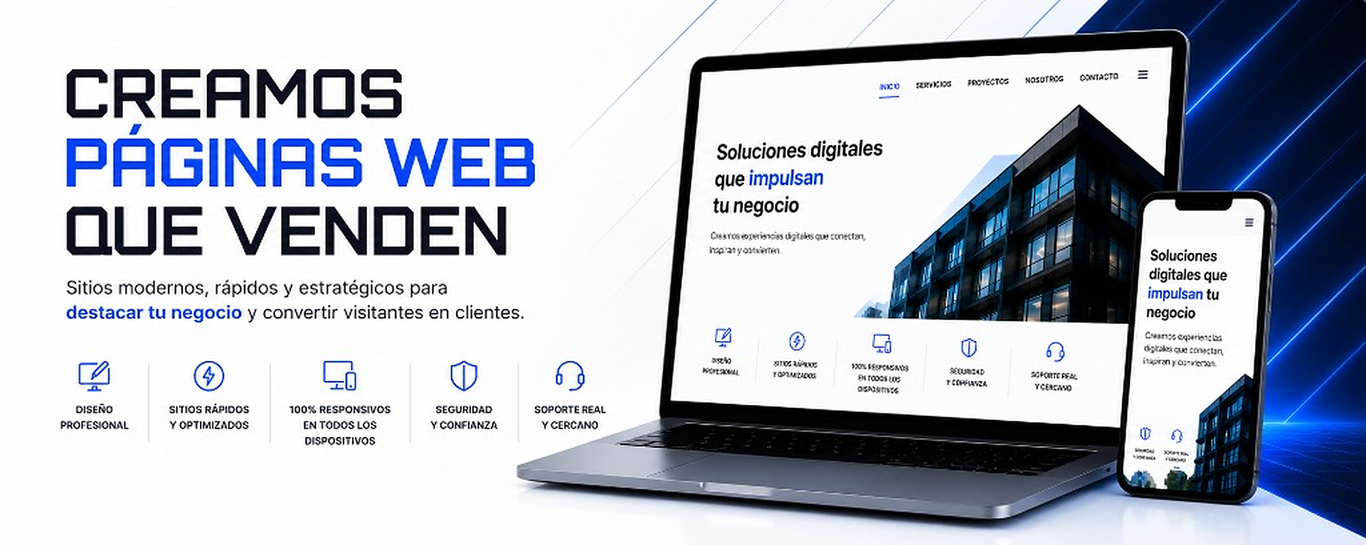 Creamos páginas web que venden. Sitios modernos, rápidos y estratégicos. Diseño profesional, optimización, responsive, seguridad y soporte.