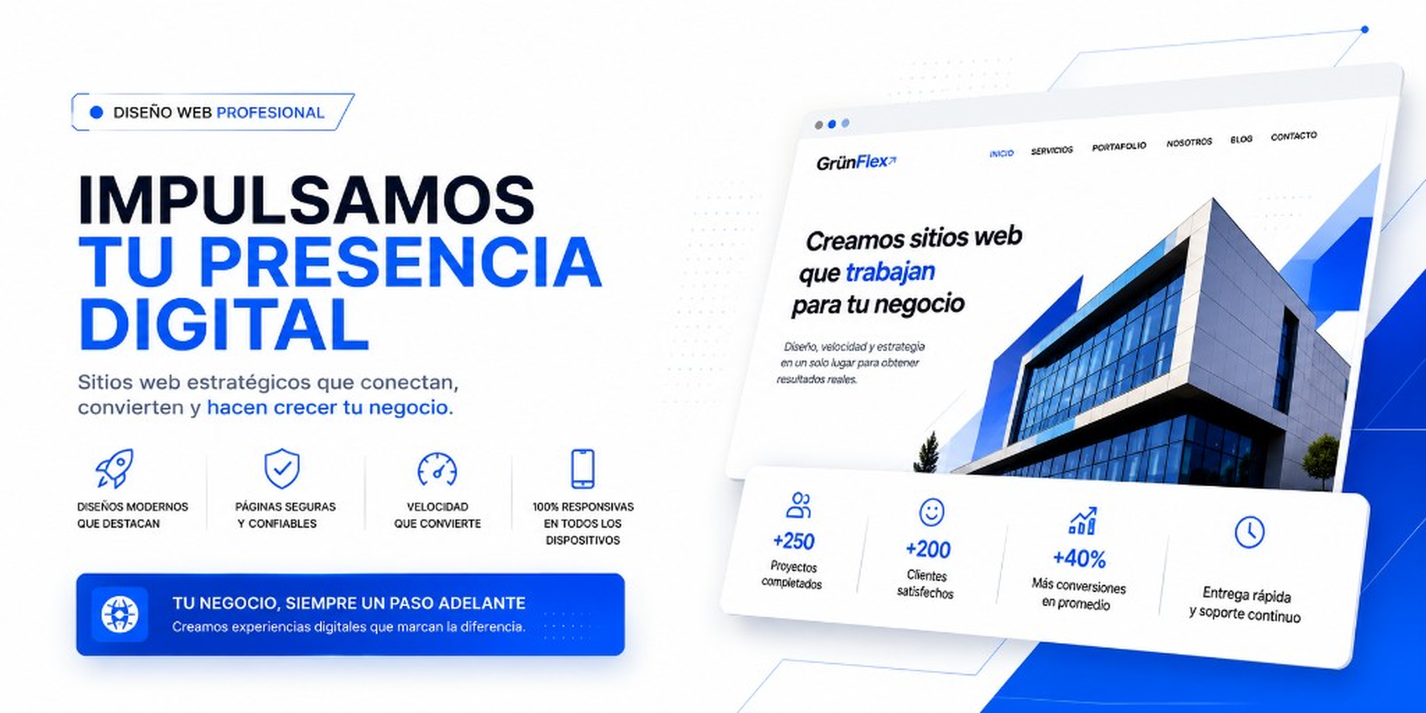 Impulsamos tu presencia digital. Diseños modernos, páginas seguras, velocidad optimizada y sitios 100% responsivos. GrünFlex.