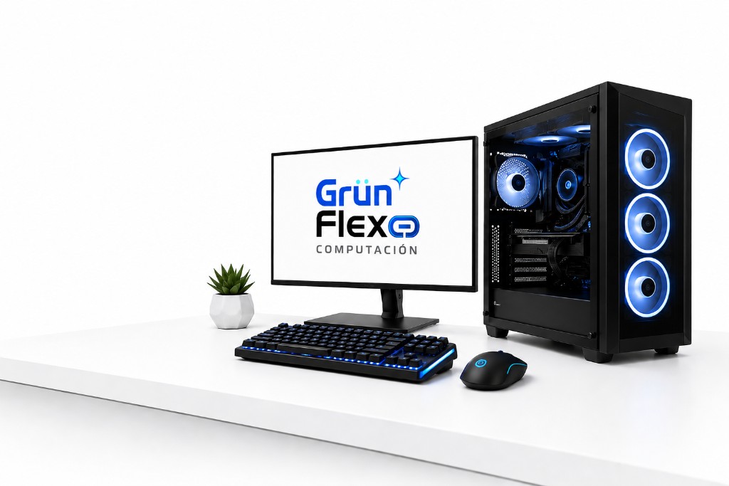 Setup GrünFlex: PC gamer con monitor, teclado y mouse